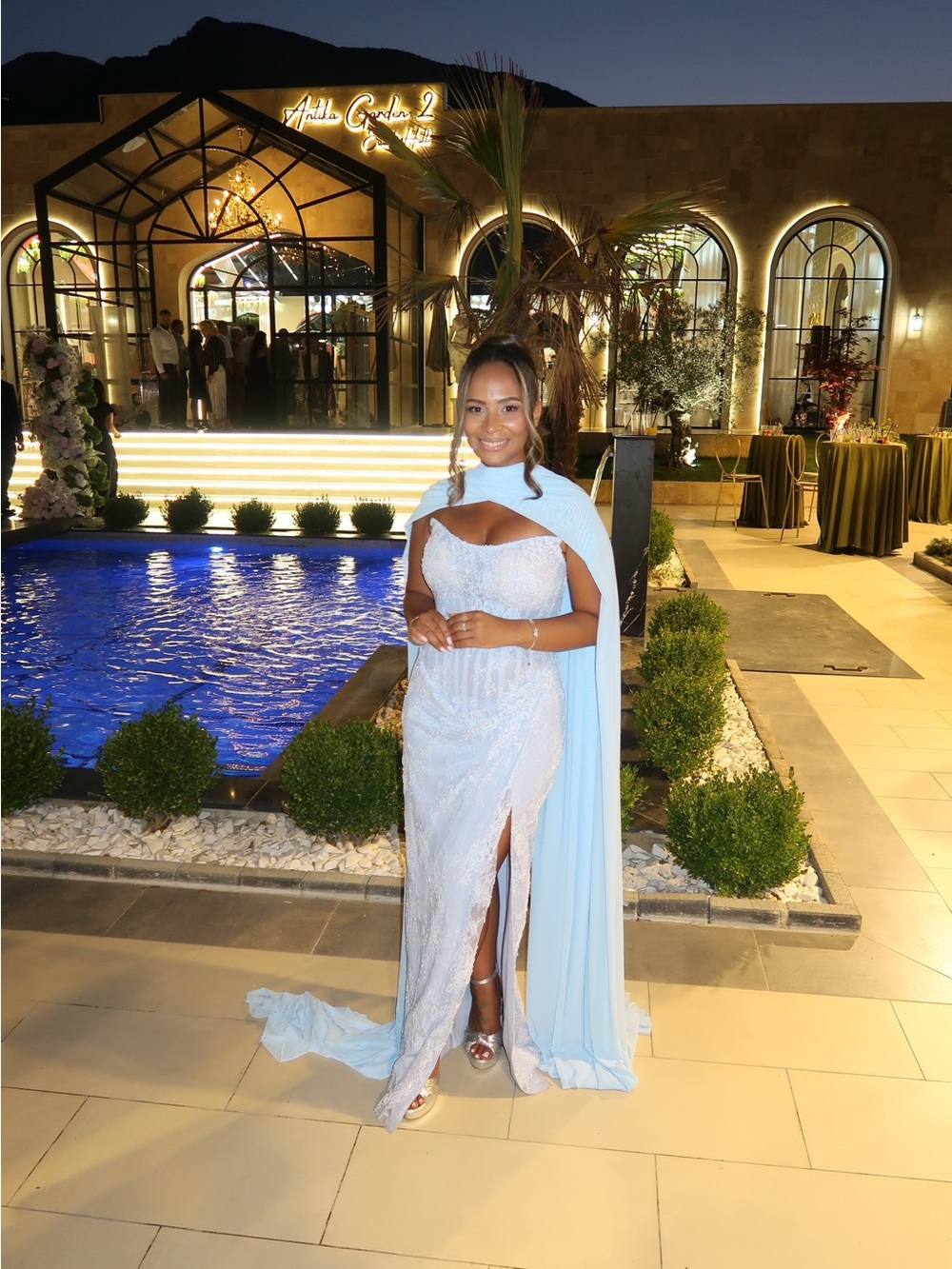 Women's Light Blue Lace Evening Gown with Cape